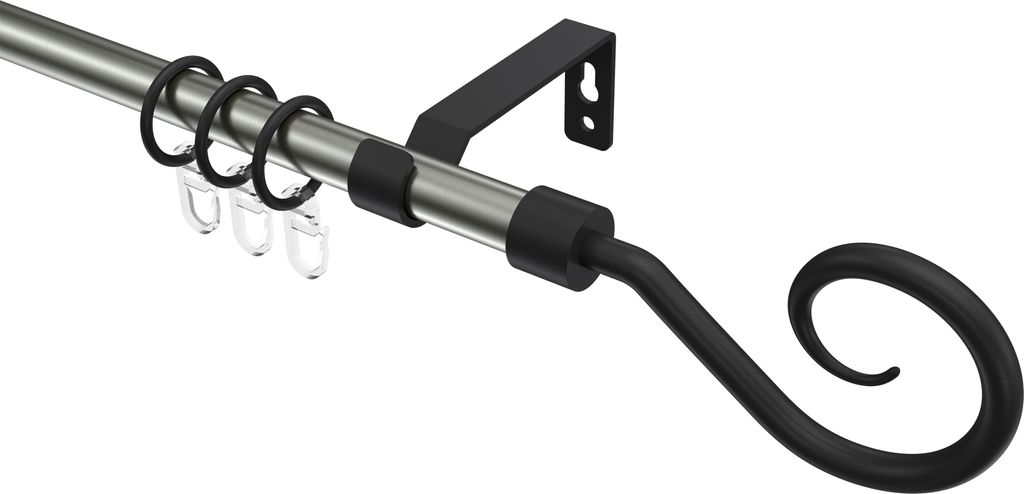 Interdeco Gardinenstange / Vorhangstange Edelstahl-Optik / Schwarz, Typ Olymp Allegra (Spirale), 16 mm Ø 1-läufig, 260 cm