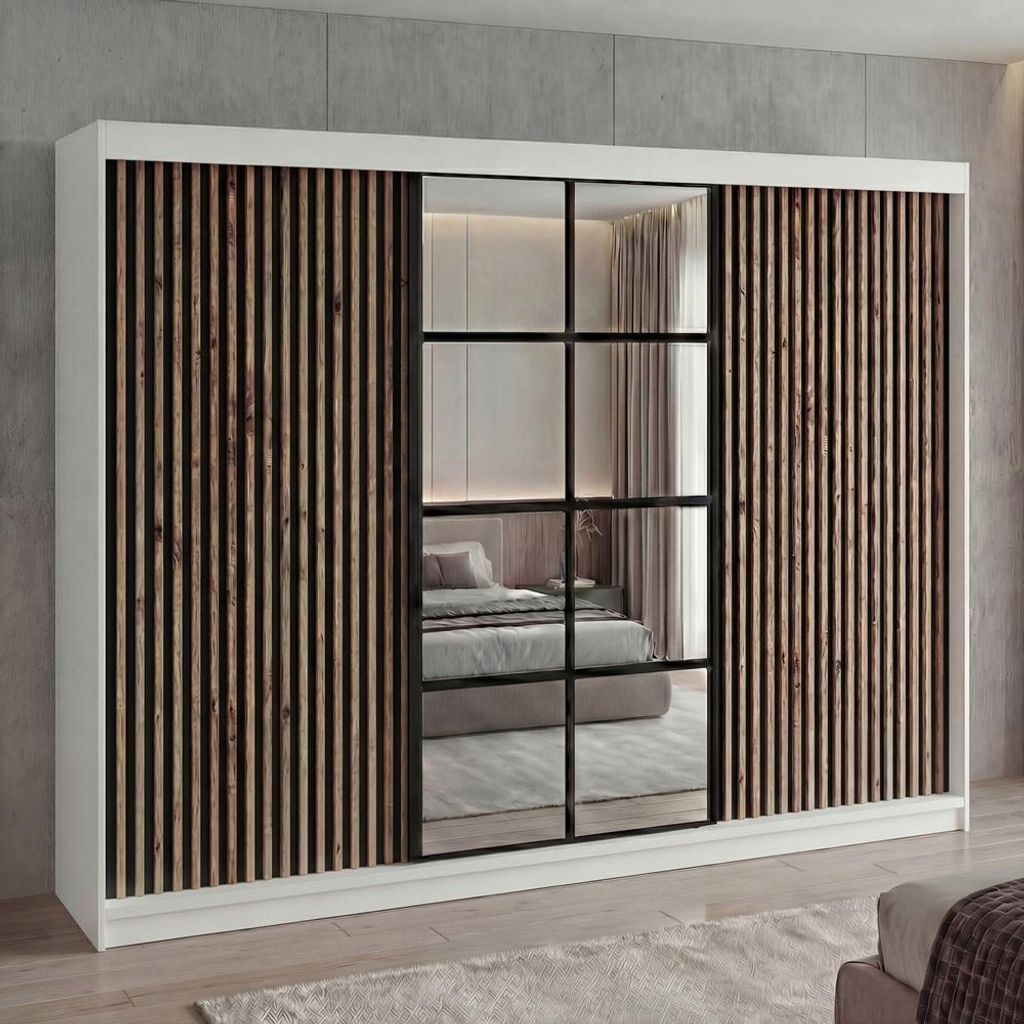 Schwebetürenschrank, 3-türig Schrank mit 4 Schubladen, und 3D-Lamellen. Kleiderschrank NORIVO 200 cm