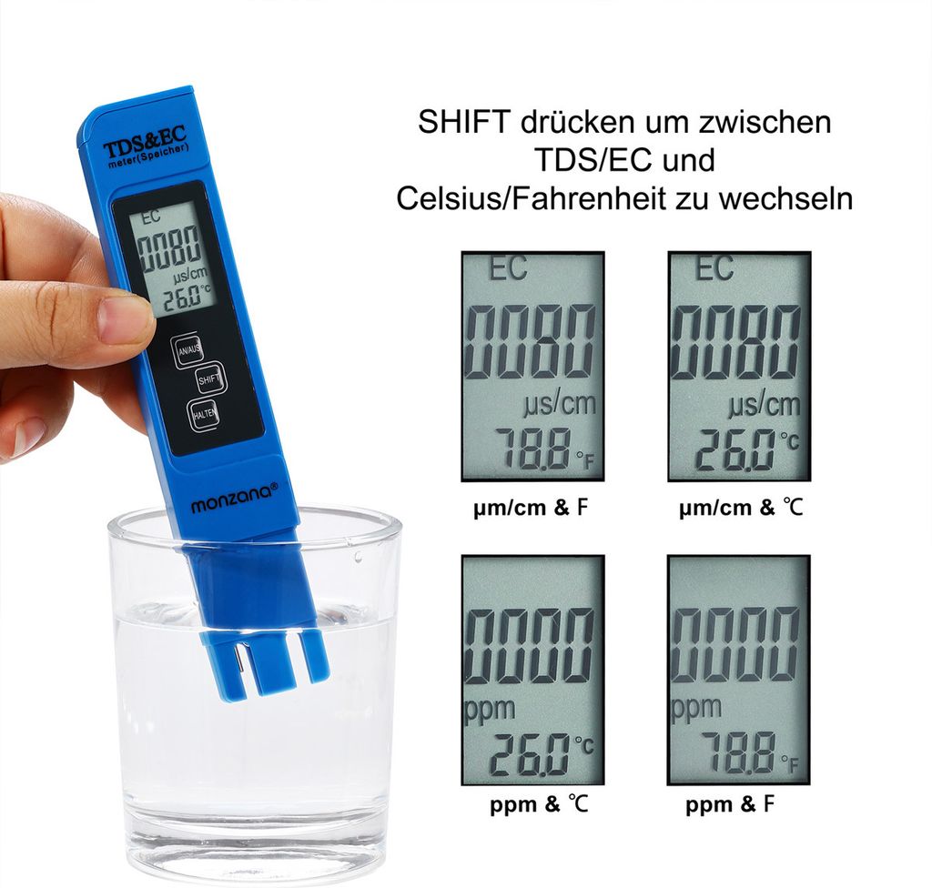 MONZANA® 3 in 1 TDS EC PH Messgerät Digitaler Wassertester Produktbild 3