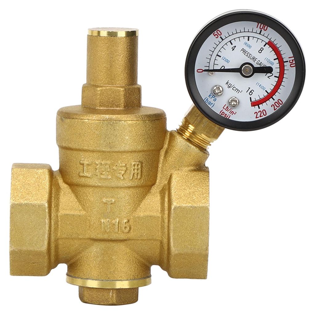 A brass pressure reducing valve with a pressure gauge attached.