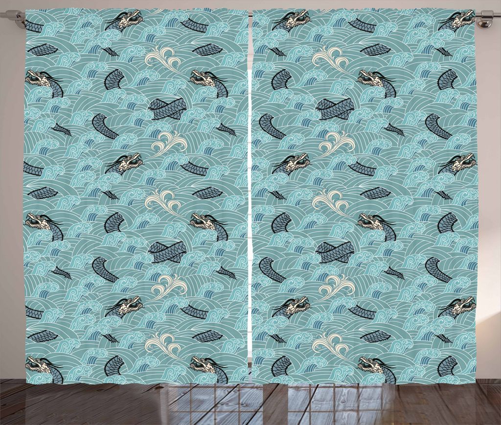 ABAKUHAUS japanische Welle Rustikaler Gardine, Asiatischer Seedrache, Schlafzimmer Kräuselband Vorhang mit Schlaufen und Haken, 280 x 225 cm, Wei...