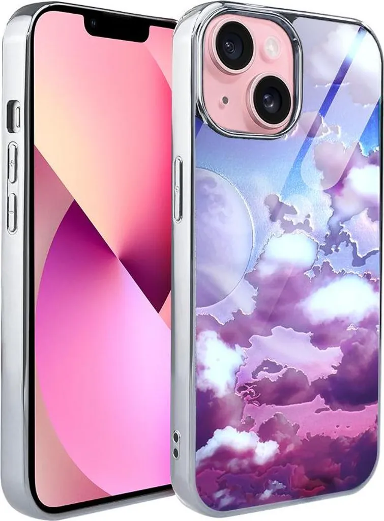 Coque iPhone 13 Dos en Verre Argenté IBIZU Elite Motif Lune et Nuages
