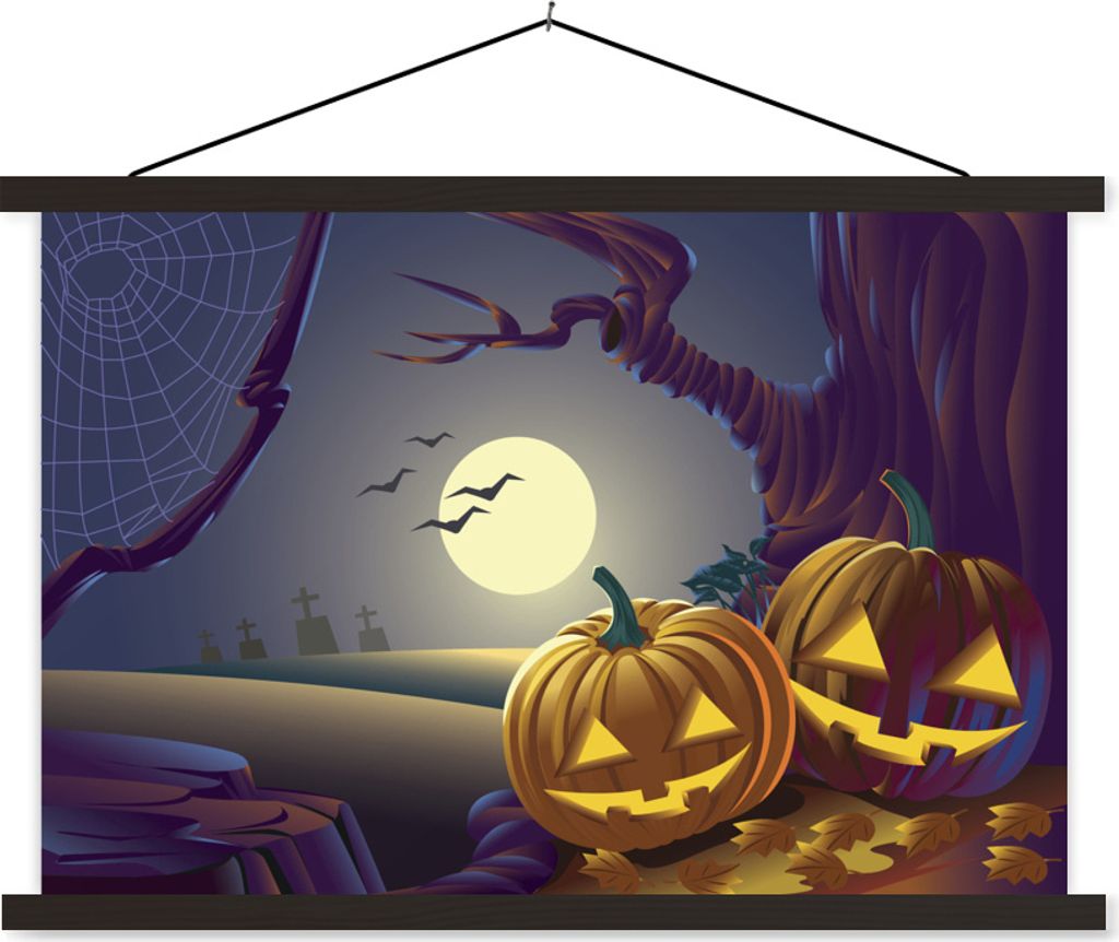 MuchoWow Textilposter Zwei Kürbisse in einer Halloween-Nacht in einer Illustration 60x40 cm mit schwarzem Rahmen - Hölzernes