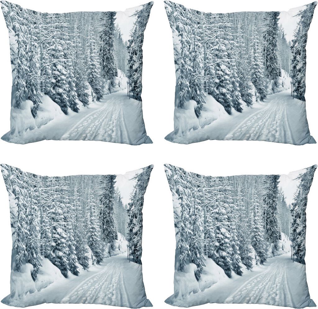 ABAKUHAUS Winter Kissenbezug Set (4 Stück), Ski Theme Snowy-Straße, Moderner Doppelseitiger Digitaldruck, 60 cm x 60 cm, Schwarz-Weiss