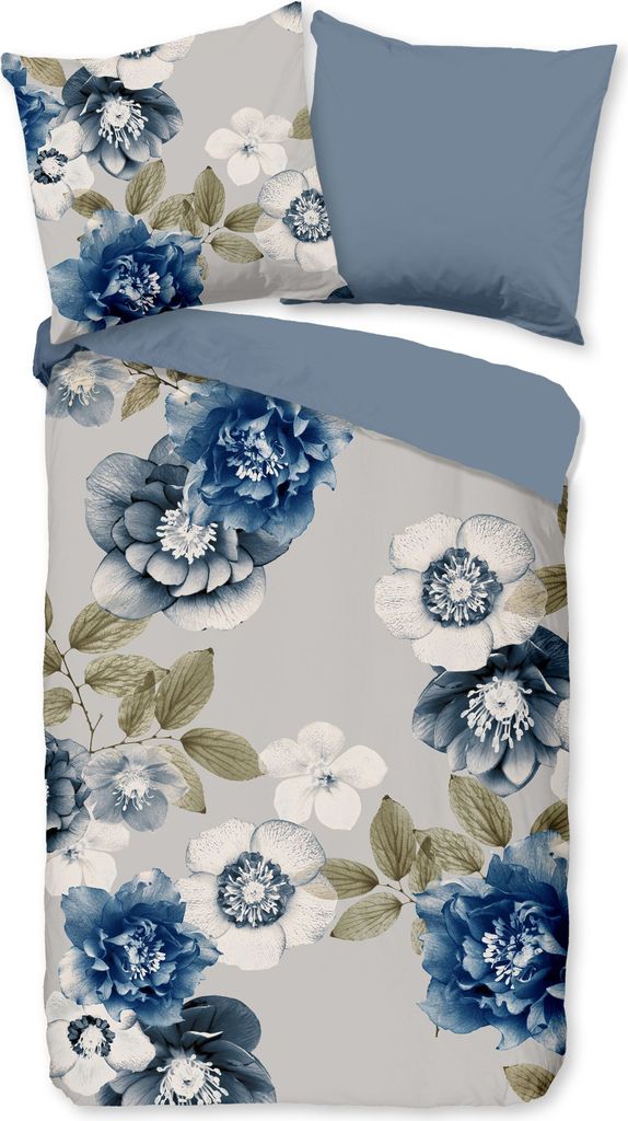 Traumschloss Comfort Flanell Bettwäsche - Gabin - Blumen, blau, grau 155 x 220 cm blaue Blumen auf grauen Hintergrund