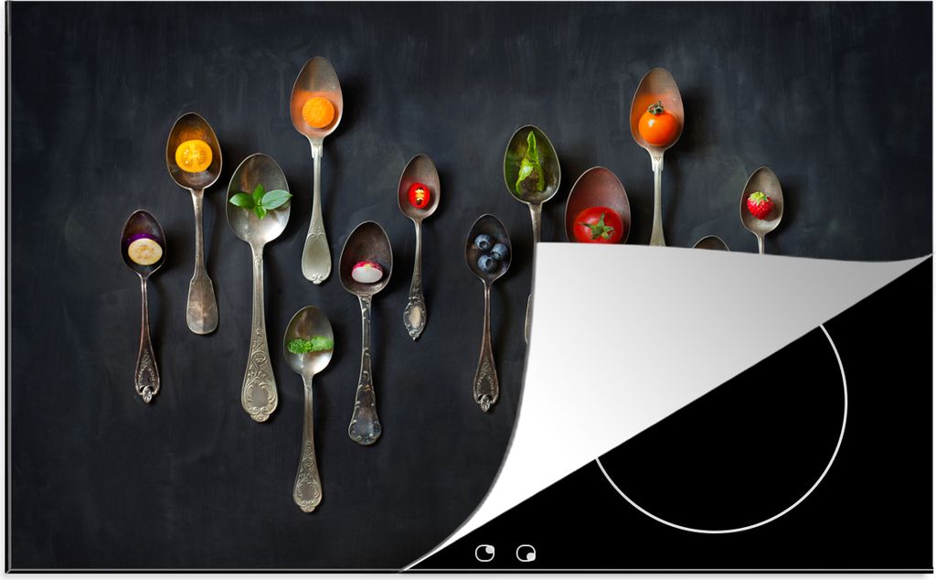 KitchenYeah Herdabdeckplatte Löffel - Gesund - Stilleben , 81x52cm, Küche Deko, Glaskeramikfeld Herdabdeckung, Abdeckplatte fùr Kochfeld