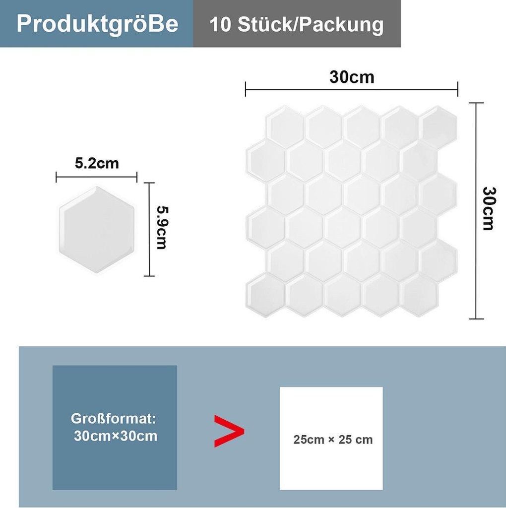 Faziango Fliesenaufkleber 30x30cm Fliesen-Folie 10 Stück Produktbild 