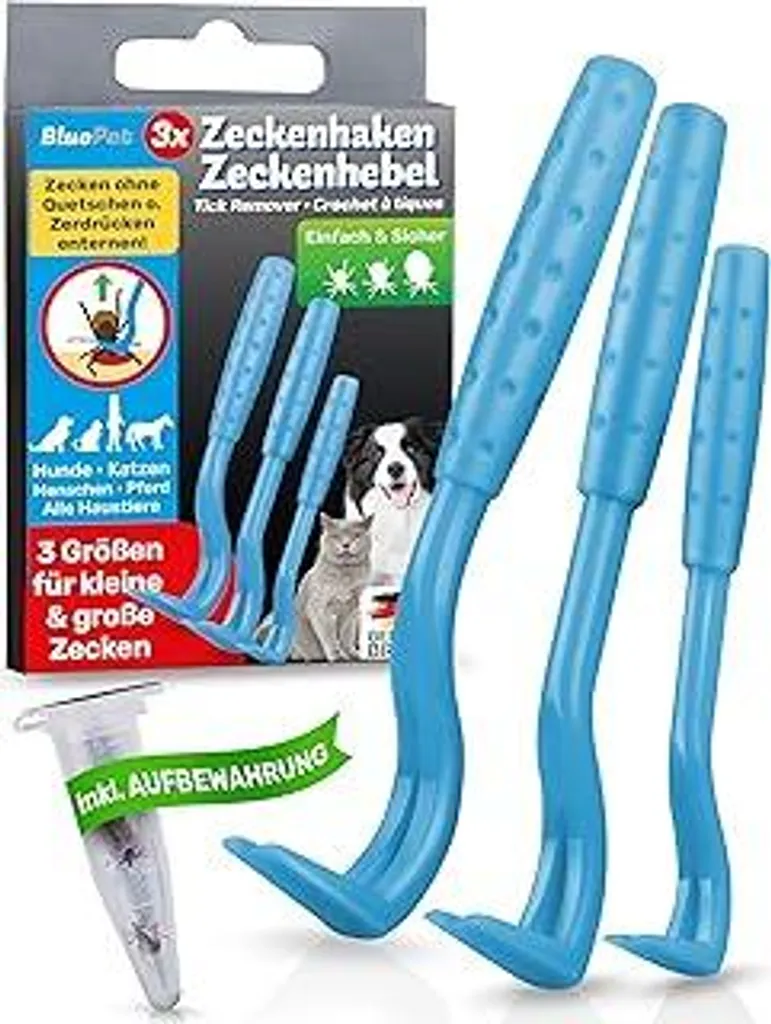 BluePet Set da 3 pinze per zecche per cani, gatti, cavalli e persone - Pinza per zecche come comprovato strumento per la rimozione delle zecche in alternativa alle pinze per zecche, ai dispositivi di rimozione delle zecche, ai repellenti per zecche e ai prodotti contro le zecche
