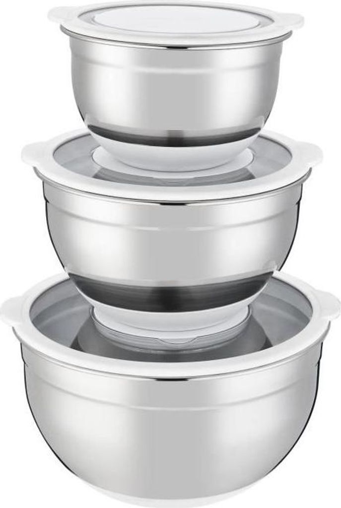 Salatschüssel Set, ARTHUR MARTIN AM486, 3-teilig, 16-20-24 cm, Edelstahl, Anti-Rutsch Silikonboden, Luftdichte Deckel