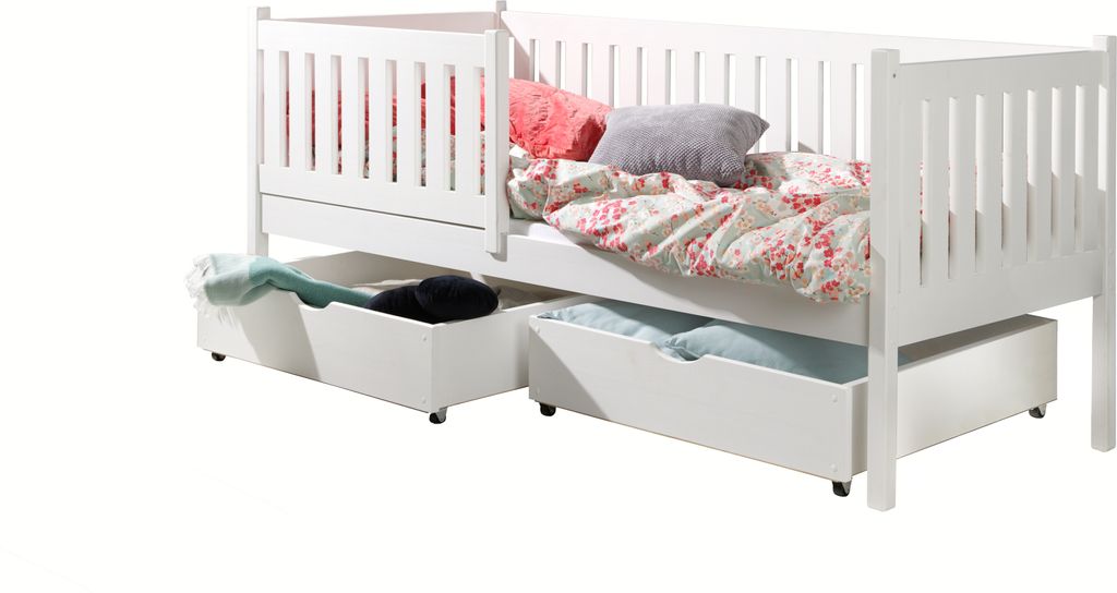 KEF Kinderbett LEON Bett aus Holz mit Stauraum Jugendbett und Mädchenbett für Kinderzimmer Weiß ohne Matratze 80x190 cm