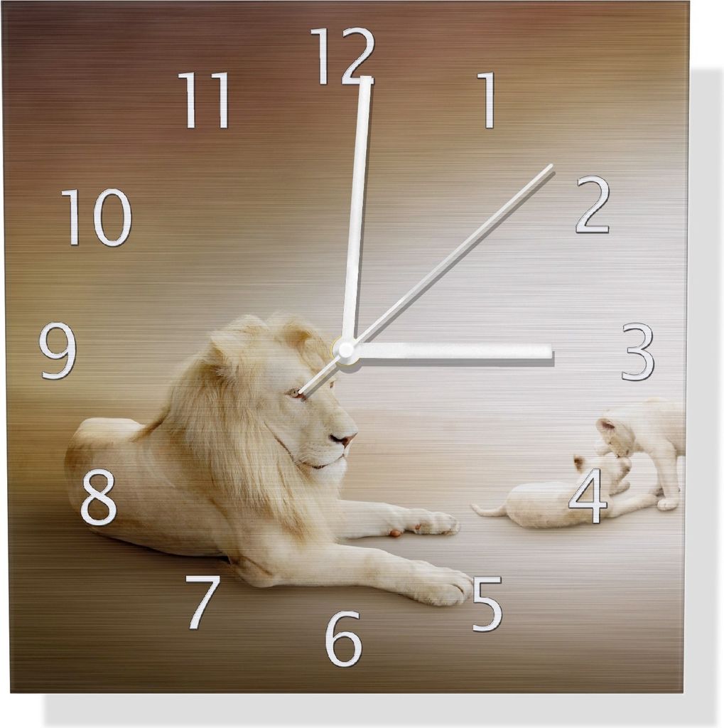 Wallario Design Wanduhr Löwenfamilie mit Jungtieren aus Aluverbund, Größe 30 x 30 cm