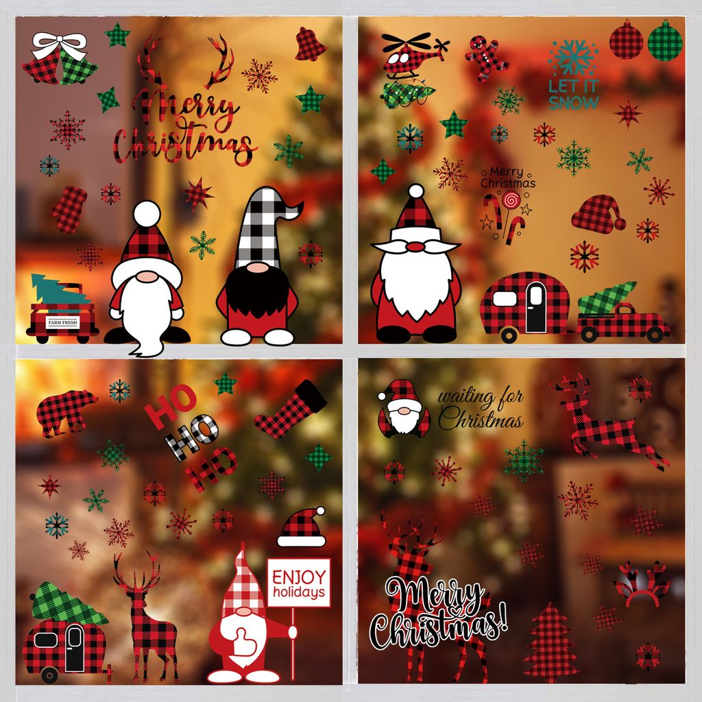 Weihnachtsfensteraufkleber, 9 Bögen, weihnachtliche Fensteraufkleber mit Büffelkaromuster, entfernbare Weihnachtsfensterdekorationen für Glasfen...