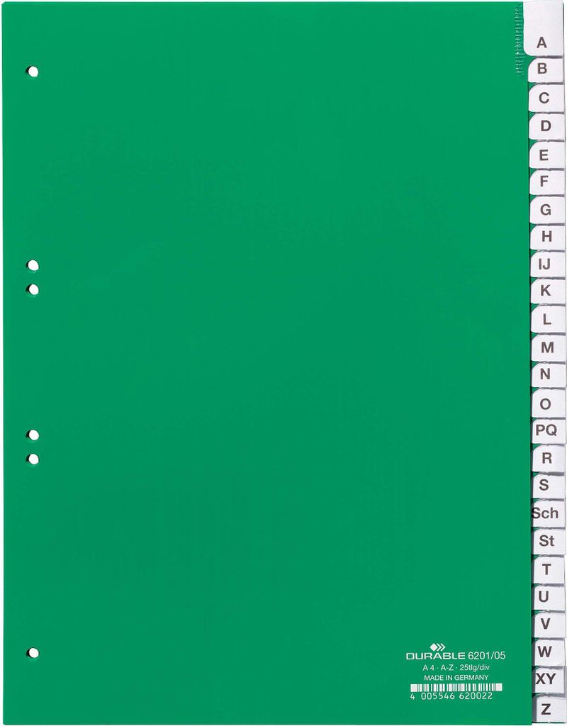 DURABLE Register A4 25-tlg. A-Z, mit Deckblatt PP, 620105 grün