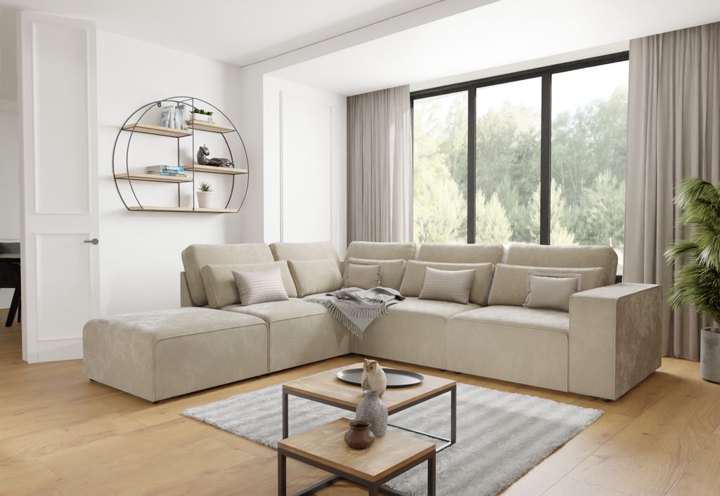S-STYLE MÖBEL - Margarete - Modulare Ecksofa in Beige Samt-Stoff mit Rücken und Lendenkissen, B/T/H: 305 cm / 281 cm / 90 cm, Ottomane links
