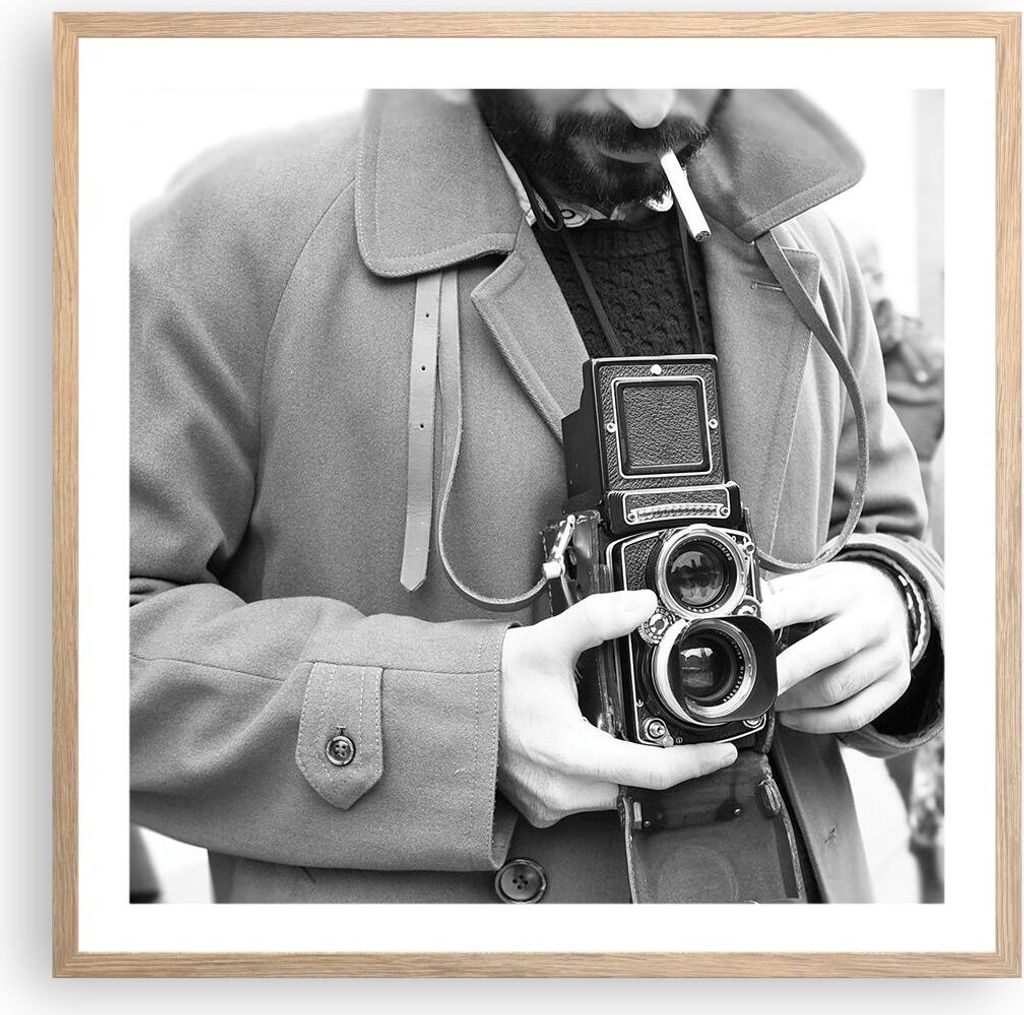 Gerahmtes Poster - Rahmen in heller Eiche - Die Kamera Retro Vintage - 60x60 cm - Wand Bild - Wanddeko - Wandbilder - Kunstposter - Wandposter - Bi...