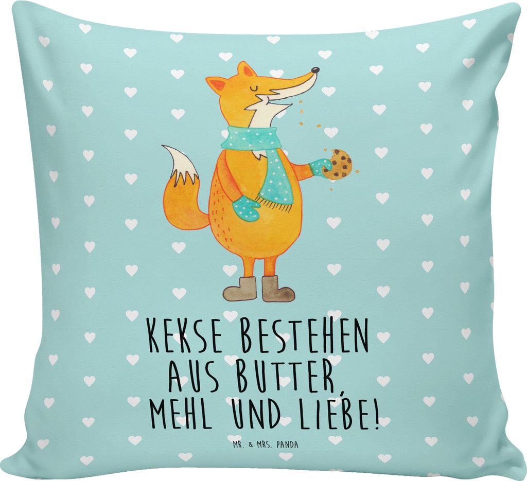 Mr. & Mrs. Panda Kissen 40x40 Fuchs Keks - Türkis Pastell - Geschenk, kuschelkissen, Kekse, Zierkissen, Winter, Deko, Frieren, Weihnachtszeit, Wei...