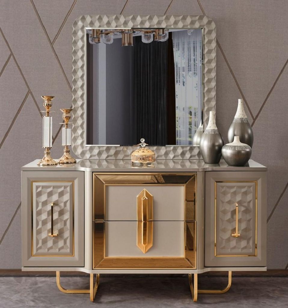 Casa Padrino Luxus Art Deco Schlafzimmer Set Grau / Gold - 1 Luxus Art Deco Schminkkommode & 1 Luxus Art Deco Spiegel - Art Deco Schlafzimmer Möbe...