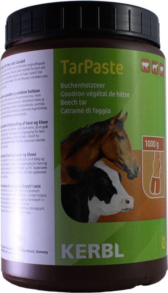 A product shot of a tub of Kerbl TarPaste with images of a horse and cow on the label.