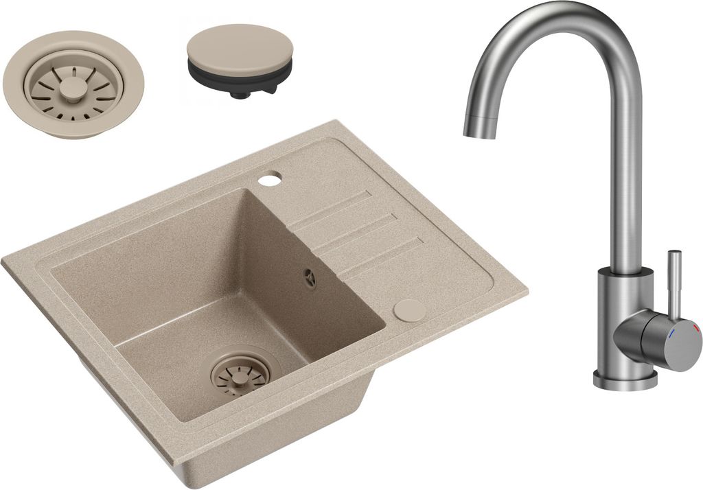 VBChome Spülbecken Granit Beige mit Armatur 55 x 44 cm Einzelbecken Einbauspüle Gesprenkelt Reversibel Granitspüle Beige Siphon Waschbecken Armatur
