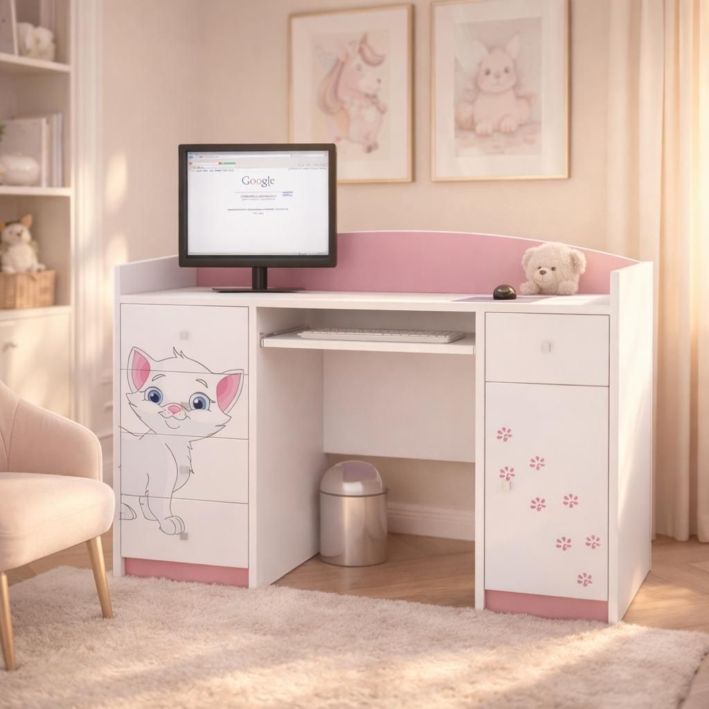 Happy Babies Kinderschreibtisch 125x89x60 PC-Tisch für Kinderzimmer mit Tastaturablage Decorativer Computertisch weiß Rosa Muster Kätzchen
