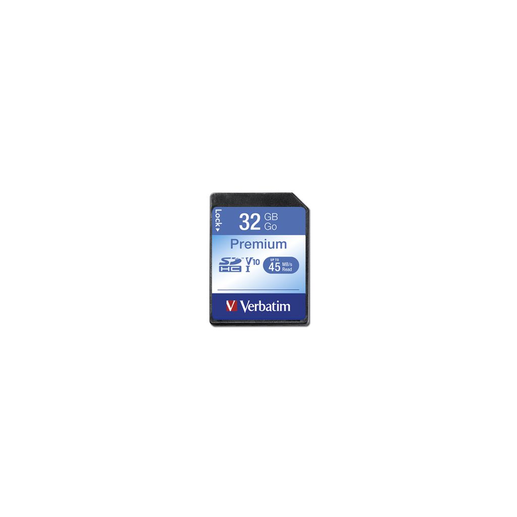 A single Verbatim 32GB SDHC memory card is shown against a white background.