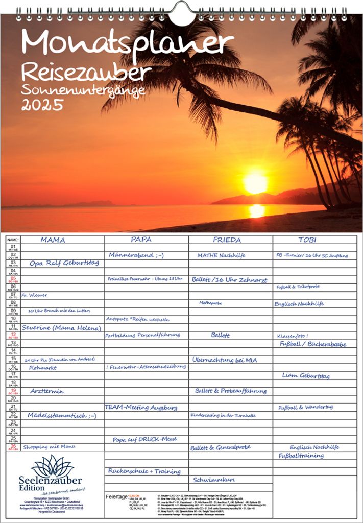 Reisezauber Sonnenuntergänge Planer Wandplaner Familienplaner 4 Spaltenplaner DIN A3 Kalender für 2025 Ferne Länder und Urlaubsträume - Seelenz...