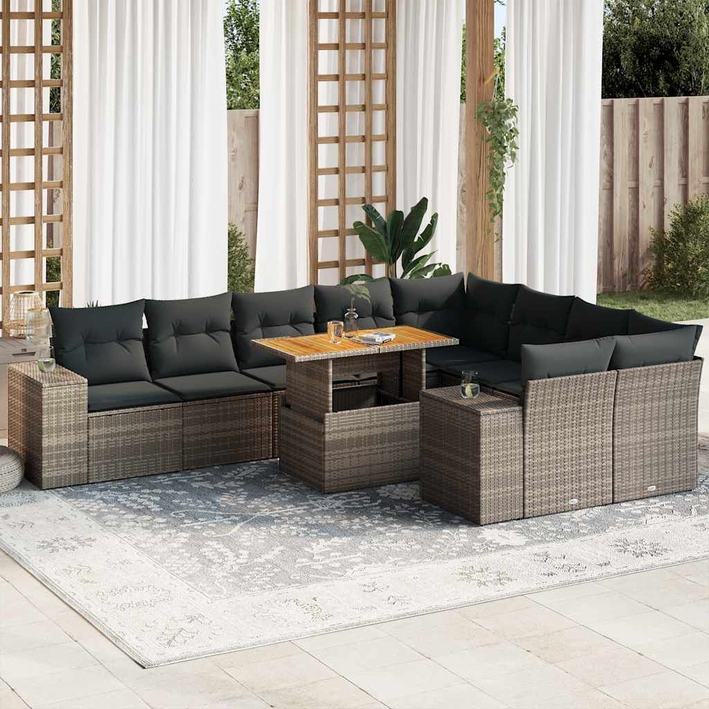 "2026 Promotion" 10-tlg. Garten-Sofagarnitur/Terrassenmöbel - mit Kissen - Grau Poly Rattan Akazie - Gartenmöbelset CC18317
