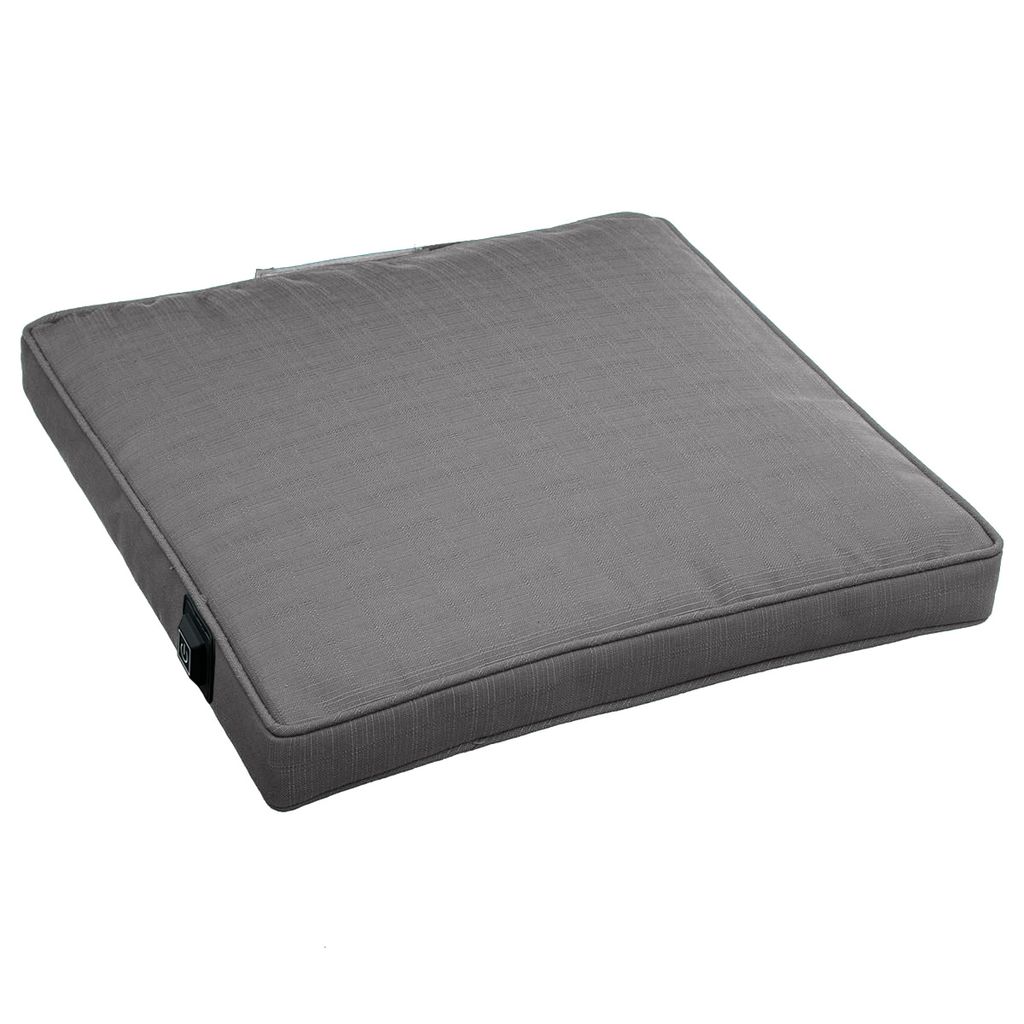 A gray outdoor heated seat cushion is shown from a slightly elevated side angle on a white background.