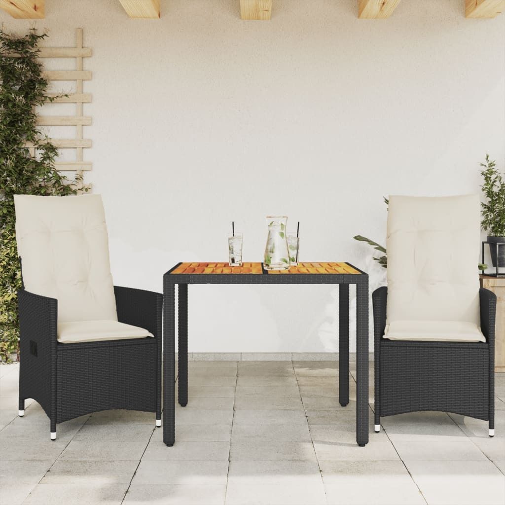 "Rabatt" 3-tlg. Bistro-Set - mit tishe & Stuhl - mit Kissen Schwarz Poly Rattan und Akazie - Lounge-Dining set CC10754