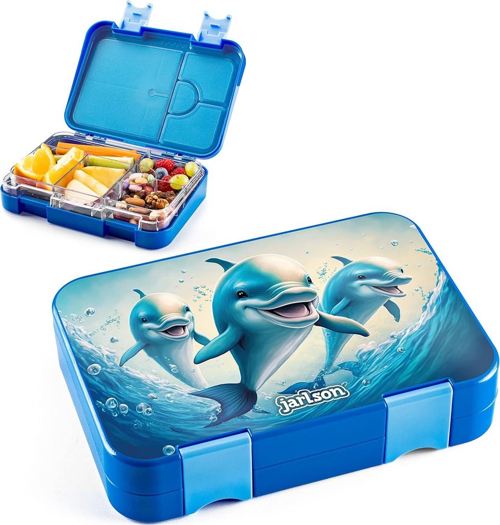 Toni Lunchbox für Kinder | Bento-Box mit Fächern auslaufsicher | Snackbox für Vorschule | Schule Mädchen & Jungen | Delfinmotiv