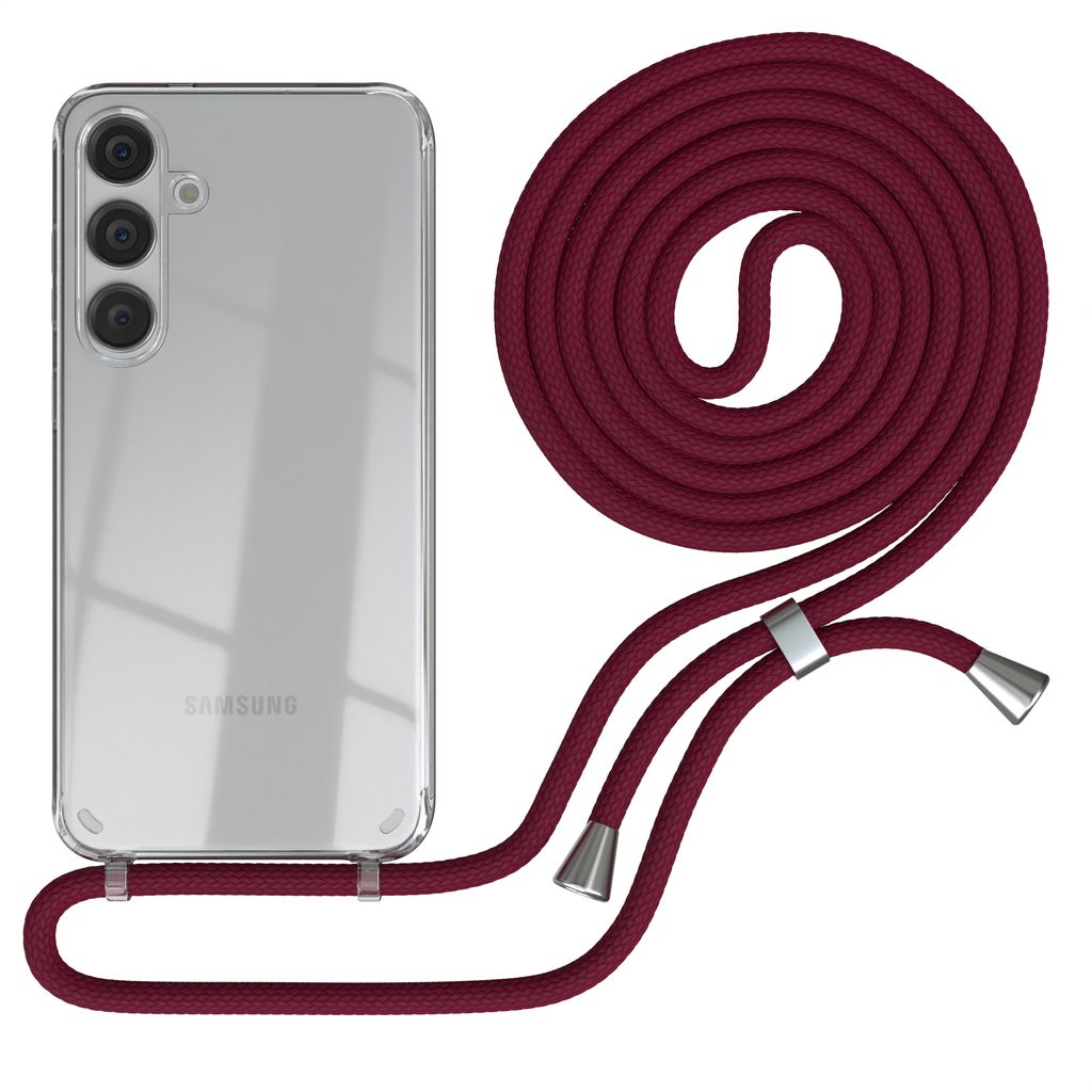 EAZY CASE Handykette kompatibel mit Samsung Galaxy S24 Plus, Handyhülle mit Umhängeband, Handykordel, Schutzhülle Clear, Band in Rot