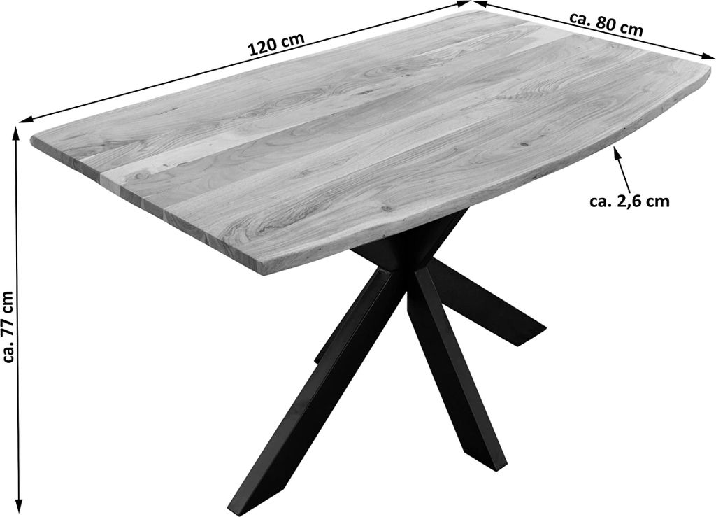 Baumkantentisch 120 x 80 cm Kalea, Akazienholz naturfarben & massiv, Esstisch mit schwarzem Spider-Metallgestell, Tischplatte 26 mm, Esszimmertisch...