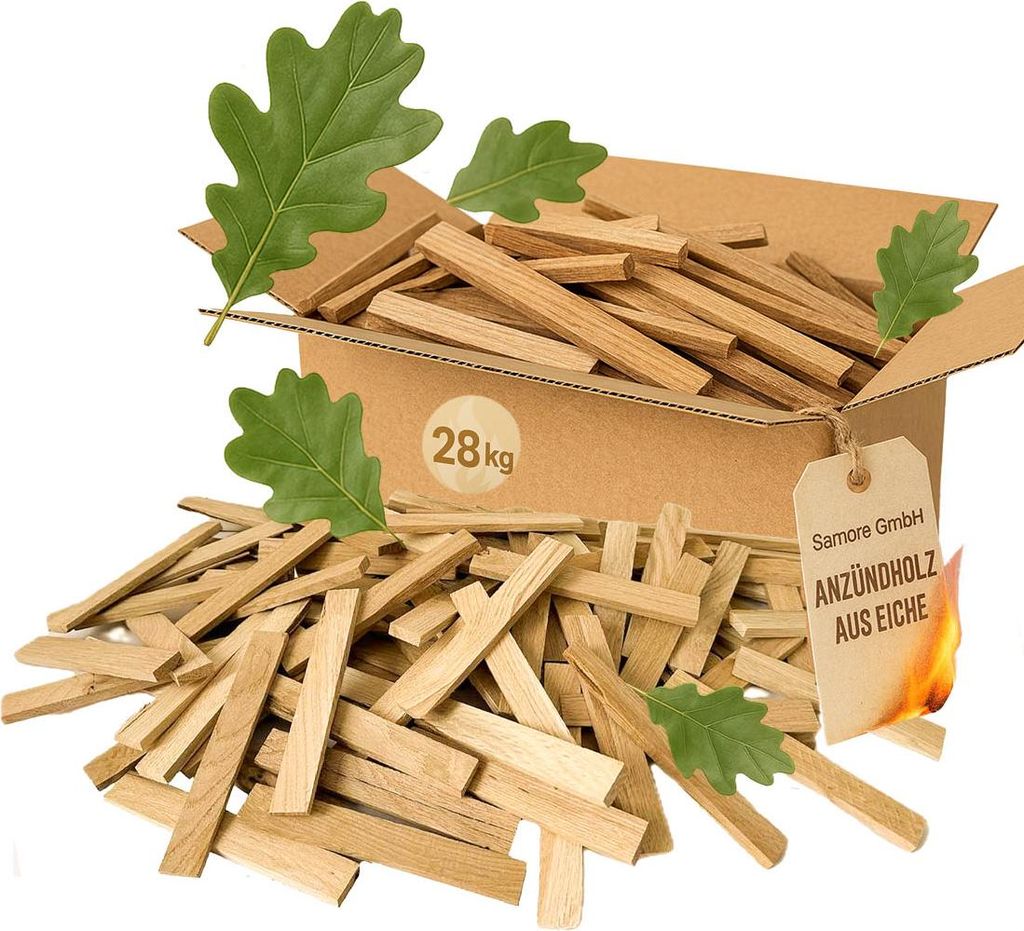A box overflowing with firewood, with oak leaves scattered around.