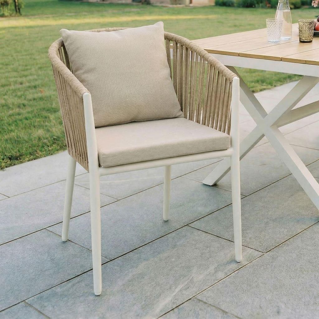 Gartenstühle ISOLA 6er Set, weiß/beige - Outdoor-Stuhl mit pulverbeschichtetem Aluminiumgestell, Rope Bespannung. Wasserabweisende, strapazierfä...