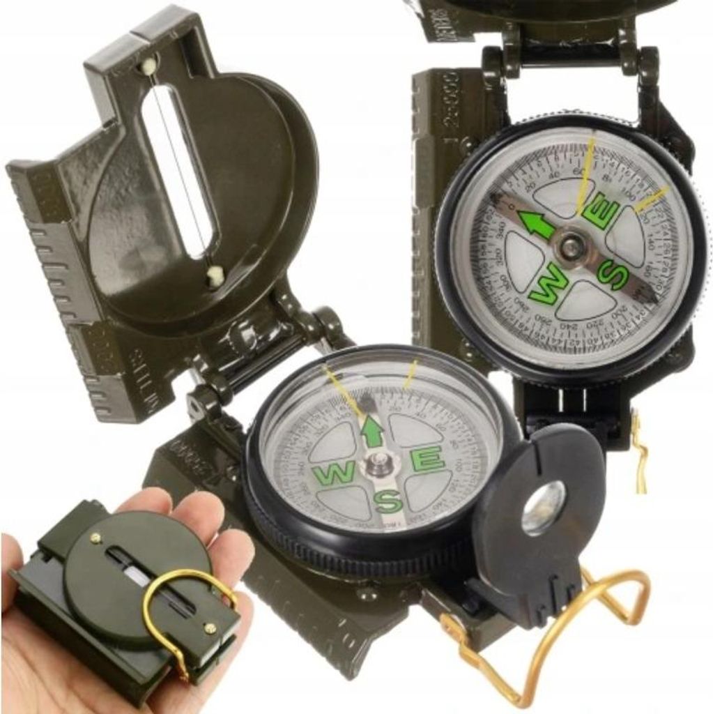 Multiple views of a military-style compass, one held in a hand.