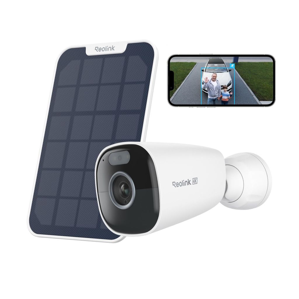 A white security camera with a solar panel and a smartphone displaying a live feed.