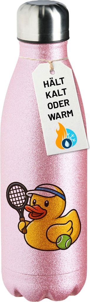 Huuraa Trinkflasche Quietscheente Tennis-Spieler Gummiente Tennissportler 500ml Pink Edelstahl Wasserflasche Trinkflasche Geschenkidee