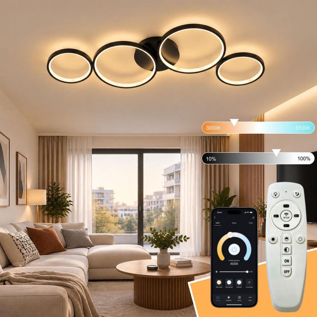 Moderne LED plafondlamp 4-ring, trappenloos dimbaar, Zdjęcie produktu 