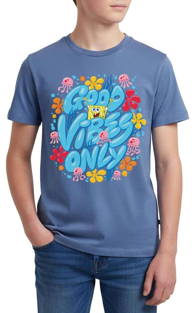 Spreadshirt Spongebob Schwammkopf Good Vibes Only Teenager Premium T-Shirt, 146/152 (10 Jahre), Taubenblau