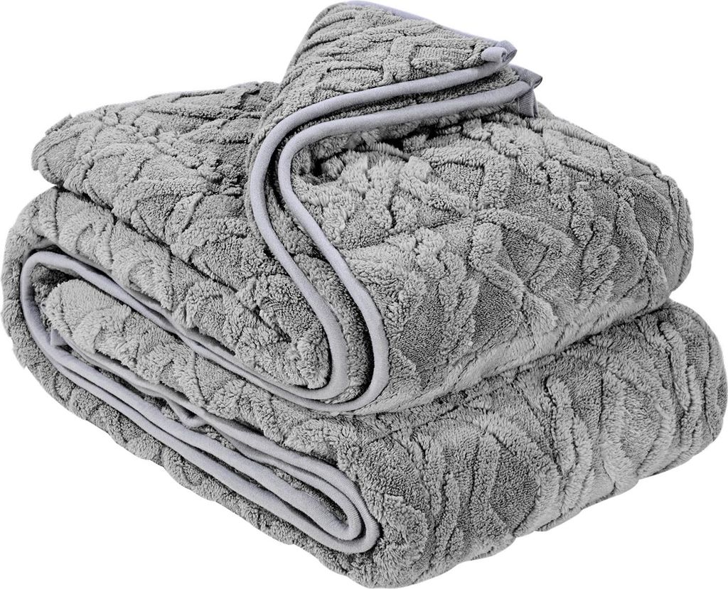 A stack of folded gray blankets with a textured pattern and a gray border.