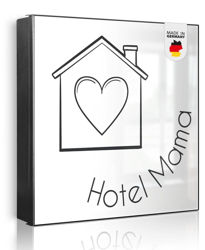 banjado Schlüsselkasten aus Metall, 30x30cm groß mit 32 Haken, als Magnettafel nutzbar, Korpus schwarz, Anschlag rechts, Hotel Mama Haus mit Herz...