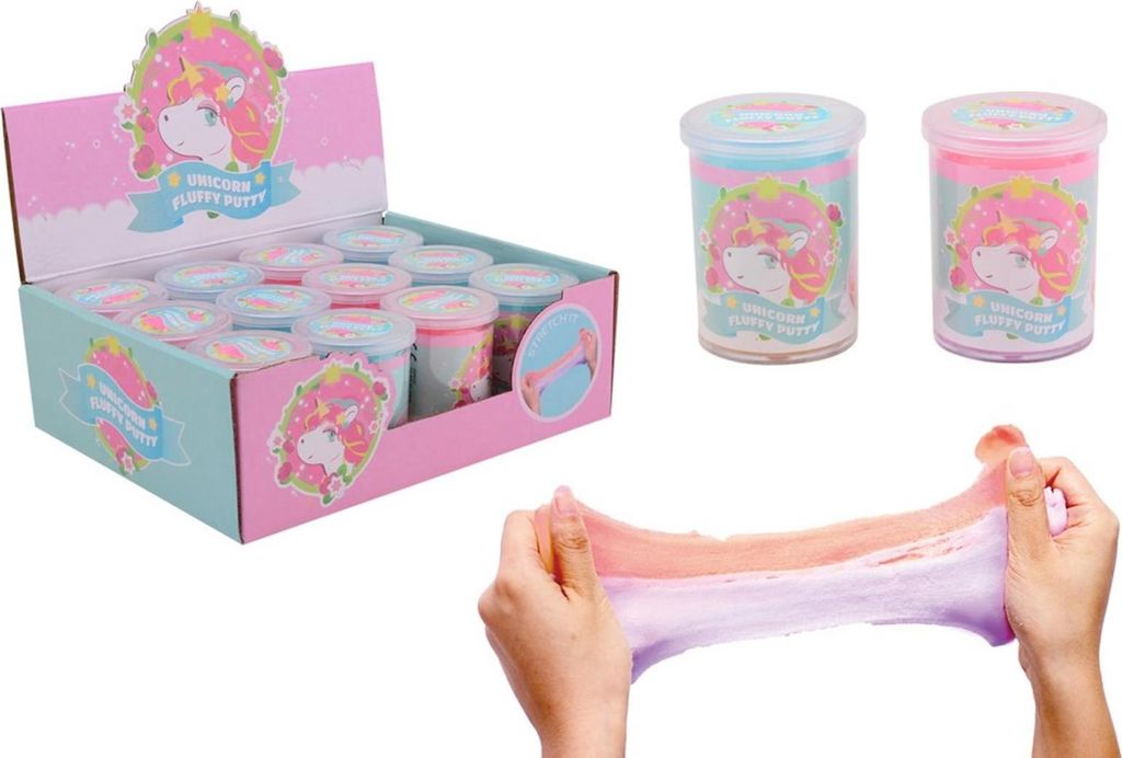 Flauschige Knete mit Einhorn-Motiv in Pastellfarben, geeignet für Kinder ab 3 Jahren