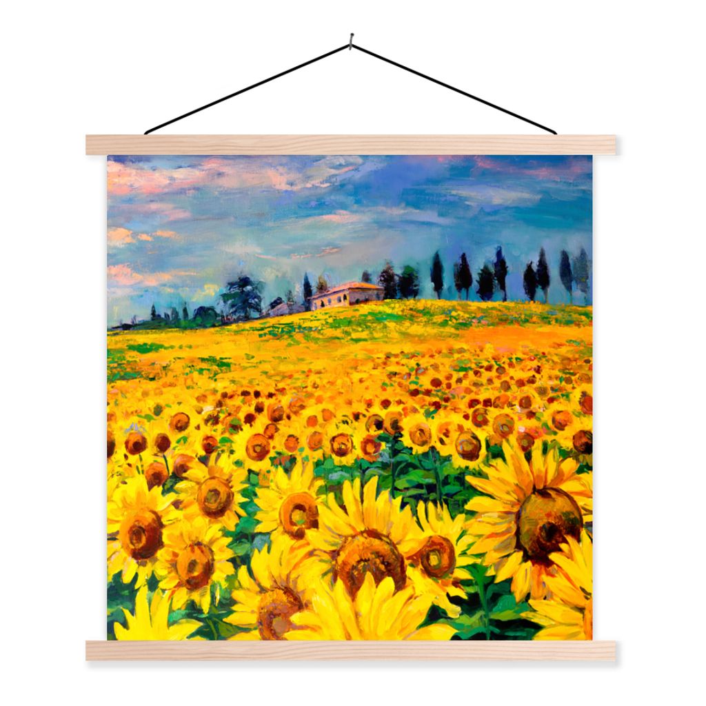 MuchoWow Textilposter Ölfarbe - Gemälde - Blumen - Sonnenblume 120x120 cm mit holzfarbenen Rahmen - Textil-Poster
