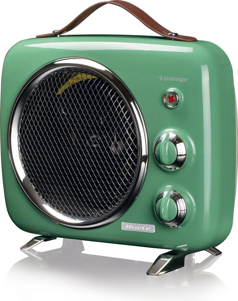 A vintage-style green electric heater with a brown leather handle and chrome accents, shown on a white background.