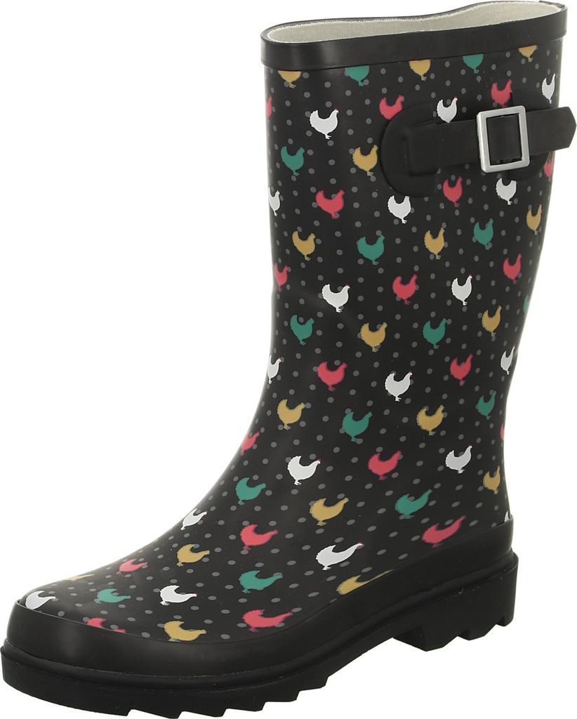 Jewels of Style Damen-Gummistiefel Motiv Hühner Schwarz-Mehrfarbig, Farbe:schwarz, EU Größe:36