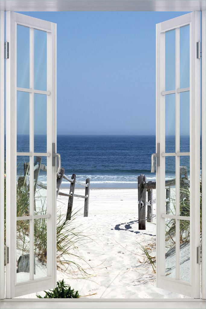 Wallario Poster mit Fenster-Illusion: Blick auf Strand, Größe: 100 x 150 cm