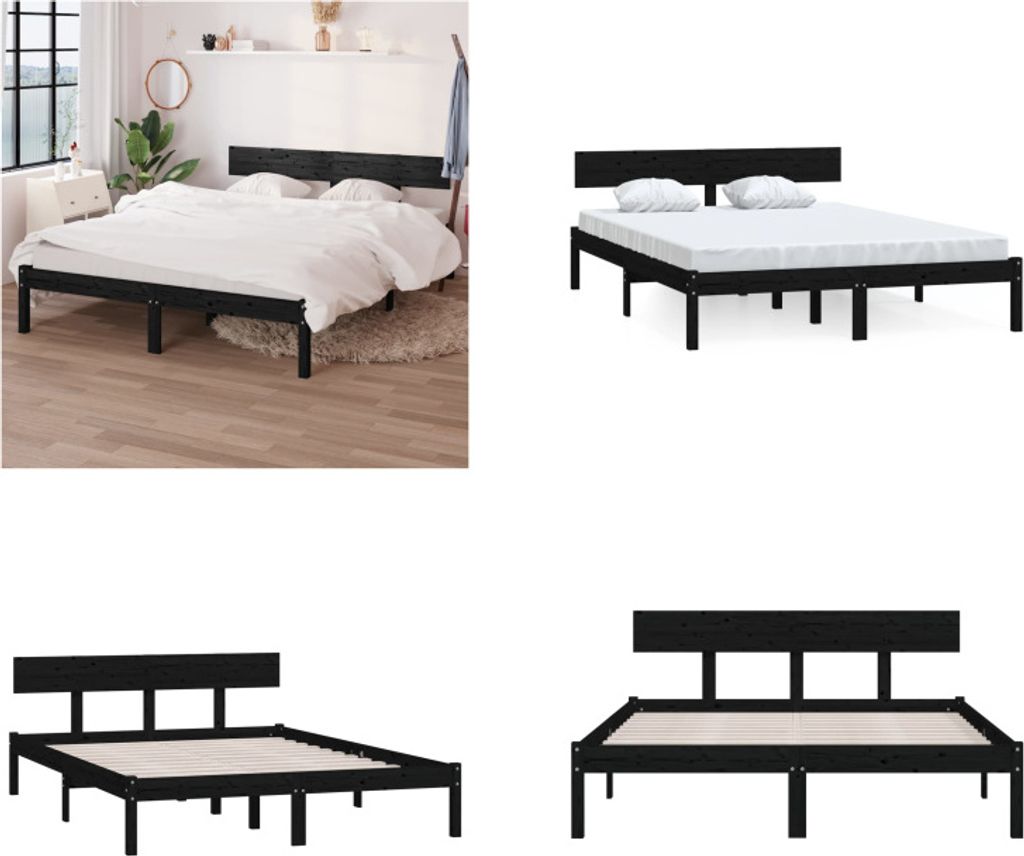 vidaXL Massivholzbett Schwarz Kiefer 140x200 cm - Bettrahmen - Bettgestell - Bett - Holzbett