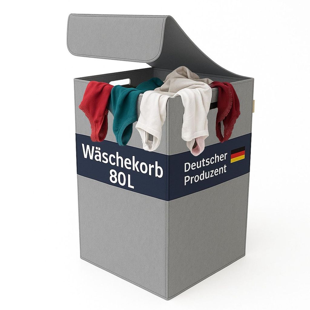 Wäschekorb aus Filz mit Deckel – faltbarer Filzkorb, kalandriert gegen Feuchtigkeit, stabiler Aufbewahrungskorb, Grau, hergestellt in der EU