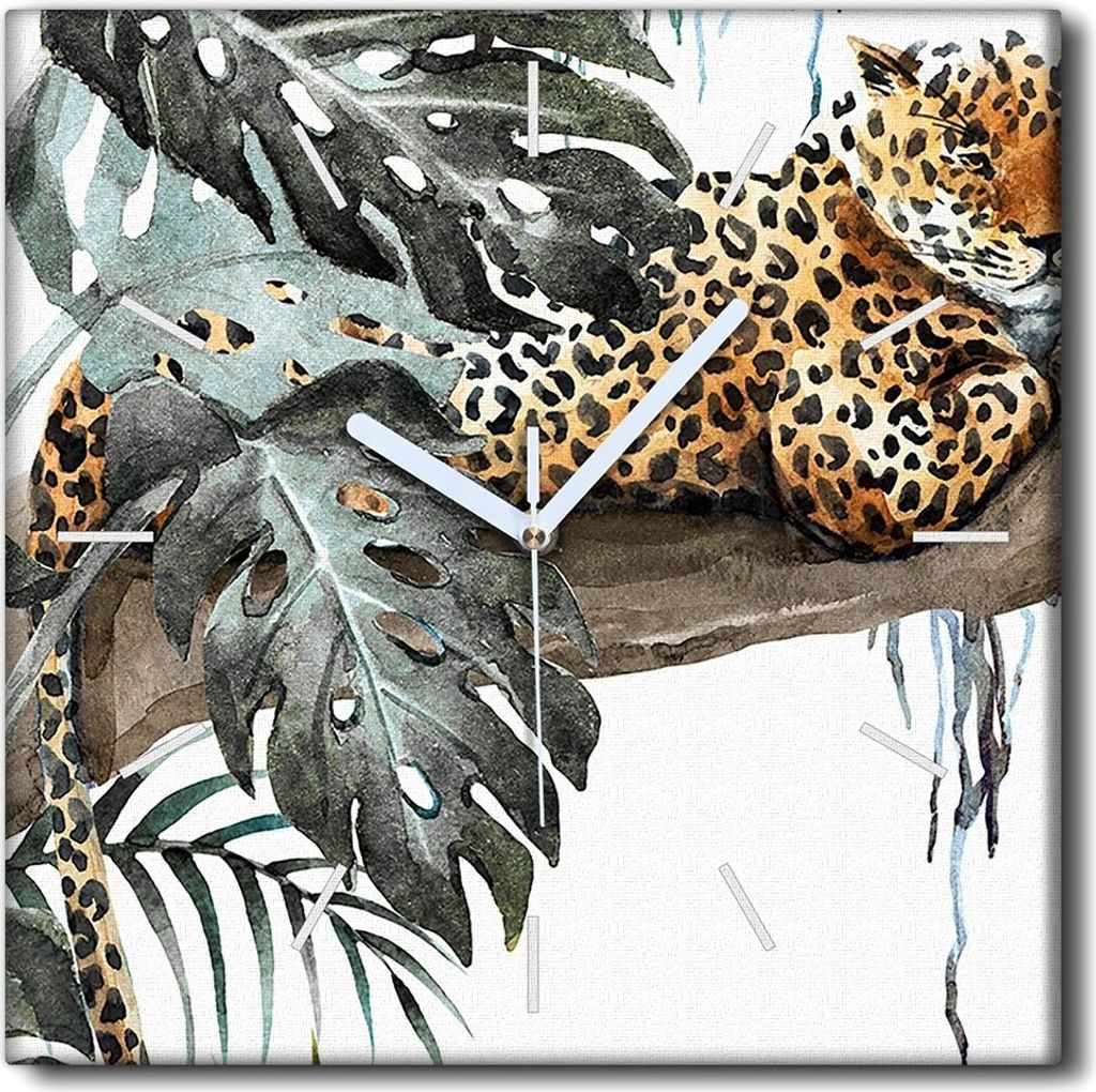 Coloray Uhr auf Leinwand 30x30 cm Wand Uhr Dekoration Wohnzimmer Segeltuch weiße Zeiger -Aquarelle Leopard Cat.