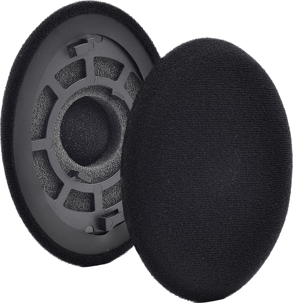 Two black ear pads for headphones, one is shown from the side and the other is shown from the front.